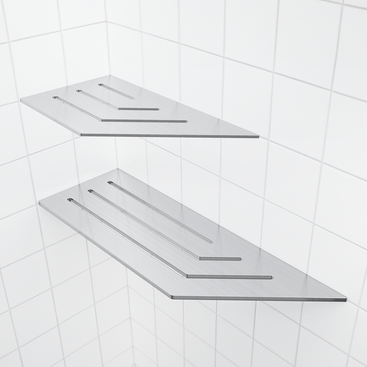 Posée dans l’angle d’une douche carrelée, la tablette de coin Zvelt 4 × 12 po vue de trois quarts