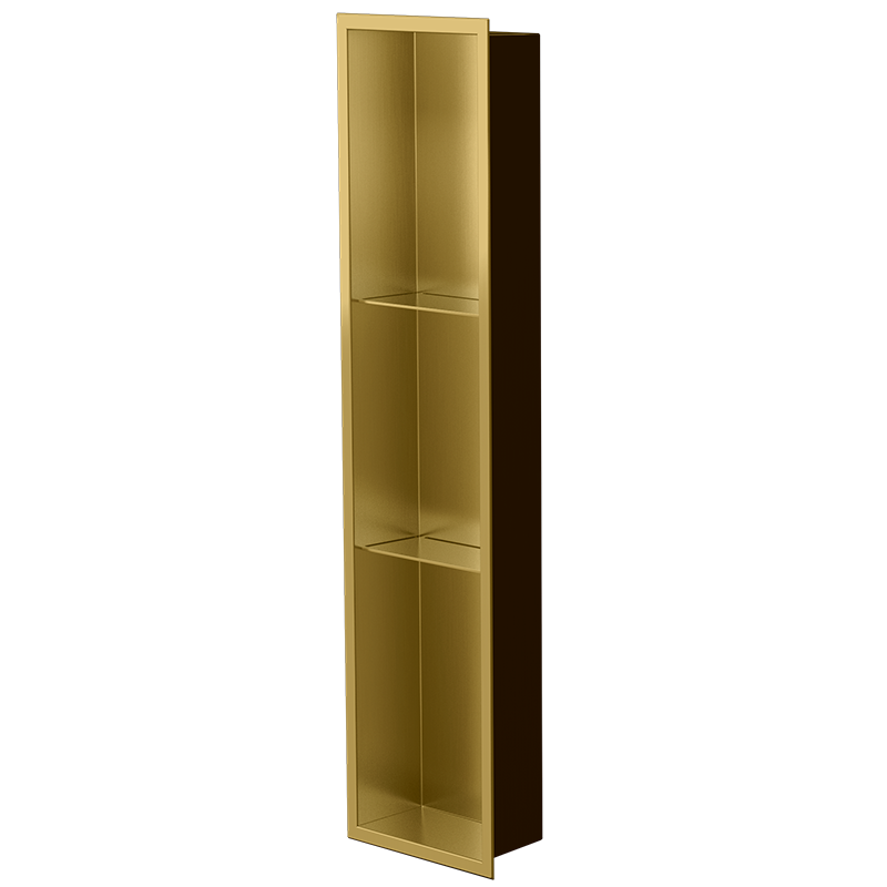 Gold PVD, brushed brass body on the Ana niche 36 × 8 in, white background, three-quarter view