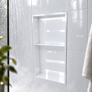 Acia wall niche, 24 × 12 in, glossy white, recessed in a shower wall, empty