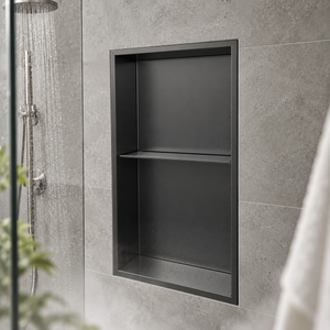 Acia wall niche, 24 × 12 in, matte gray, recessed in a shower wall, empty