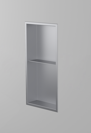 Acia wall niche, 24 × 12 in, matte gray, recessed in a plain gray wall, three-quarter view