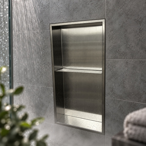 Acia wall niche, 24 × 12 in, brushed stainless steel, recessed in a shower wall, empty