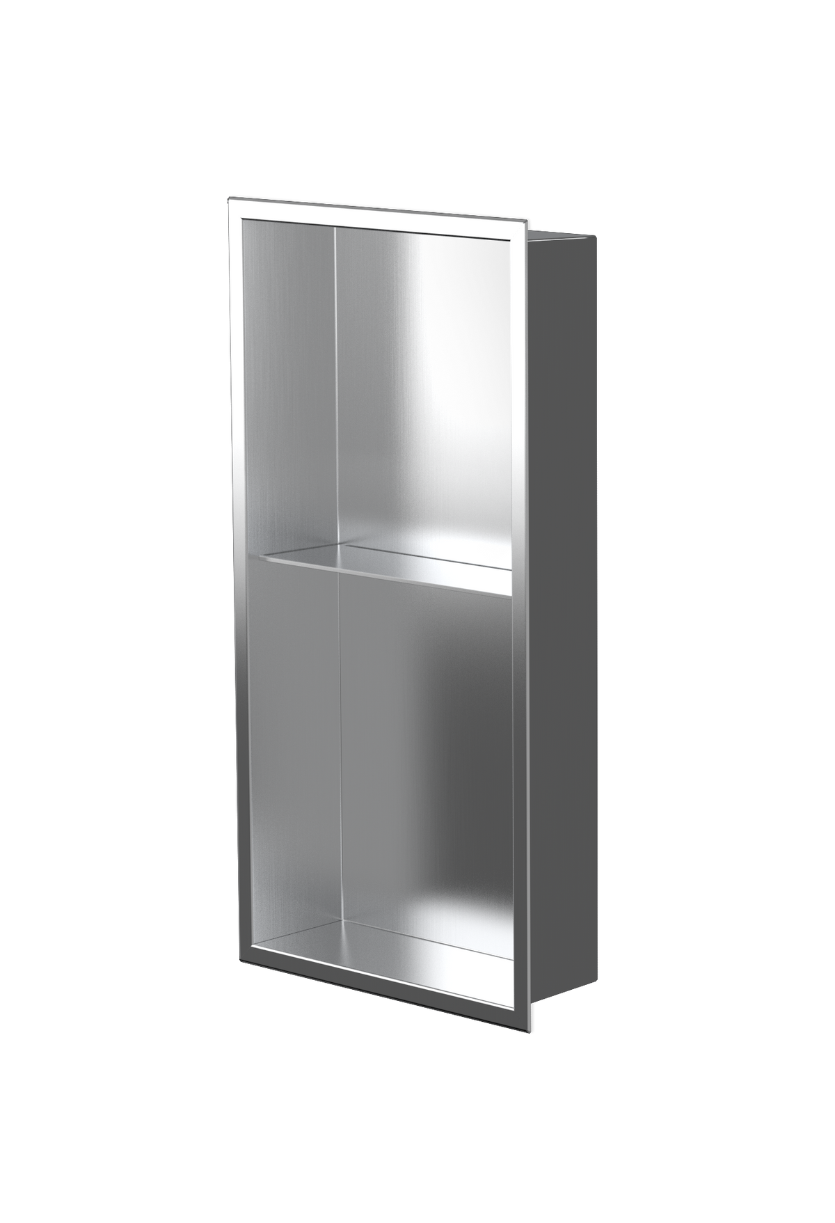 Acia wall niche, 24 × 12 in, brushed stainless steel, three-quarter view on a transparent background