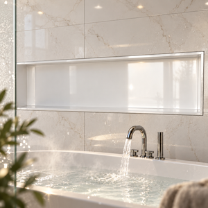 Alba wall niche, 12 × 48 in, glossy white, recessed in a wall above a bathtub, empty