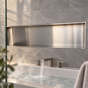 Alba wall niche, 12 × 48 in, brushed stainless steel, recessed in a wall above a bathtub, empty