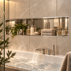Alba wall niche, 12 × 48 in, mirror finish, recessed in a shower wall, bottles and soap stored inside