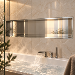 Alba wall niche, 12 × 48 in, mirror finish, recessed in a wall above a bathtub, empty