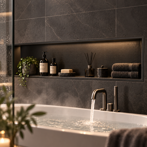 Alba wall niche, 12 × 48 in, matte black, recessed in a shower wall, bottles and soap stored inside