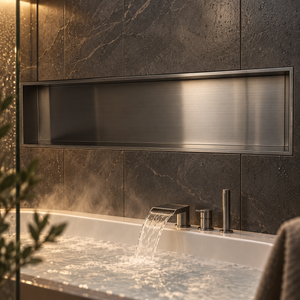 Alba wall niche, 12 × 48 in, black PVD, recessed in a wall above a bathtub, empty