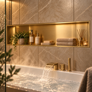 Alba wall niche, 12 × 48 in, gold PVD, recessed in a shower wall, bottles and soap stored inside