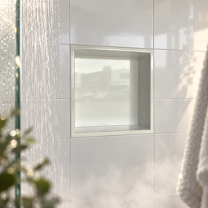Ally wall niche, 12 × 12 in, glossy white, recessed in a shower wall, empty