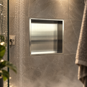 Ally wall niche, 12 × 12 in, brushed stainless steel, recessed in a shower wall, empty