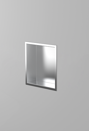 Ally wall niche, 12 × 12 in, brushed stainless steel, recessed in a plain gray wall, three-quarter view