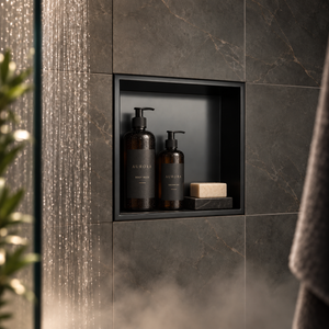 Ally wall niche, 12 × 12 in, matte black, recessed in a shower wall, bottles and soap stored inside