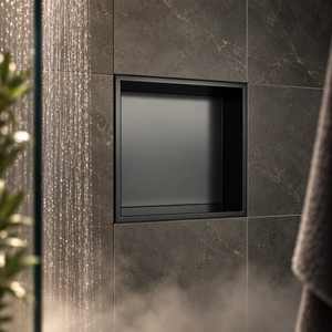 Ally wall niche, 12 × 12 in, matte black, recessed in a shower wall, empty