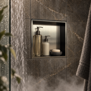 Ally wall niche, 12 × 12 in, black PVD, recessed in a shower wall, bottles and soap stored inside