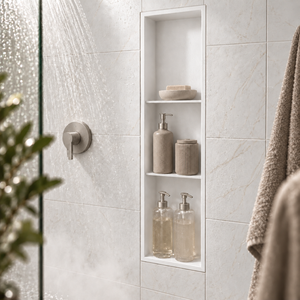 Ana wall niche, 36 × 8 in, matte white, recessed in a shower wall, bottles and soap stored inside
