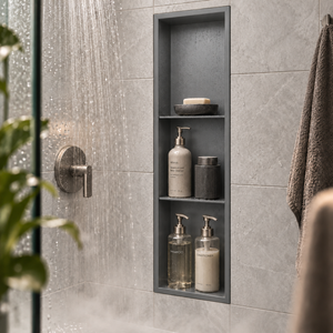 Ana wall niche, 36 × 8 in, matte gray, recessed in a shower wall, bottles and soap stored inside