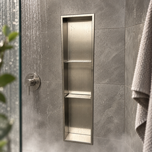 Ana wall niche, 36 × 8 in, brushed stainless steel, recessed in a shower wall, empty