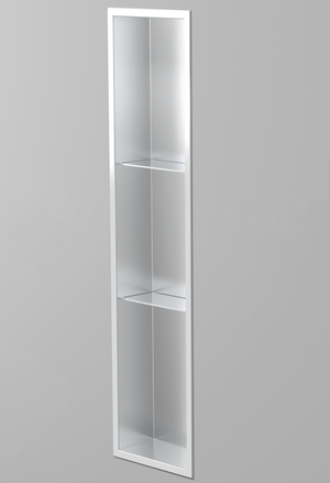 Ana wall niche, 36 × 8 in, brushed stainless steel, recessed in a plain gray wall, three-quarter view