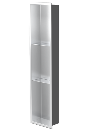 Ana wall niche, 36 × 8 in, brushed stainless steel, three-quarter view on a transparent background