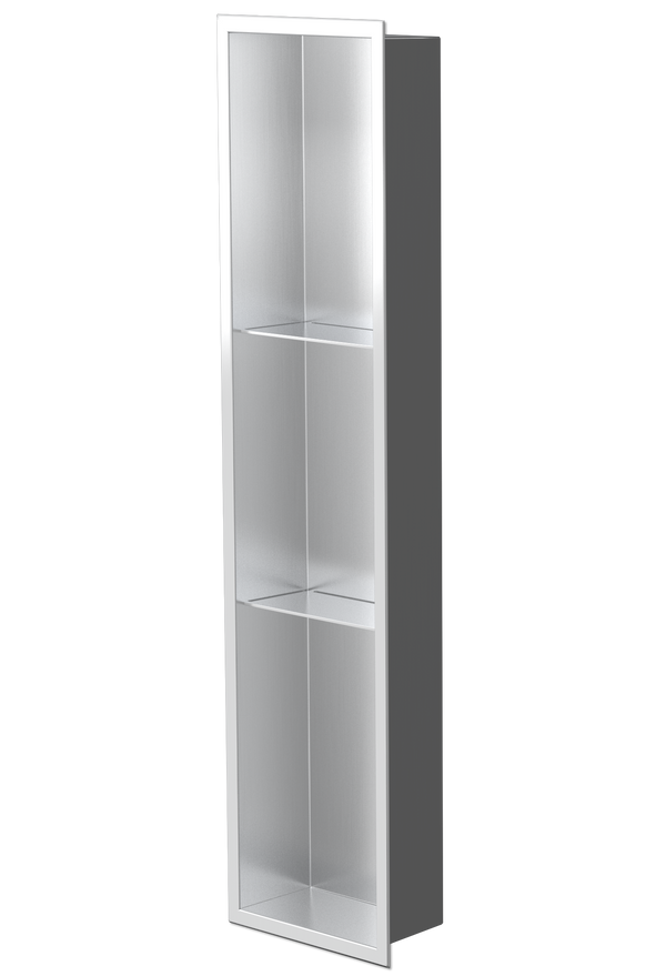 Niche murale Ana 36 × 8 po acier inoxydable brossé, de trois quarts sur fond transparent