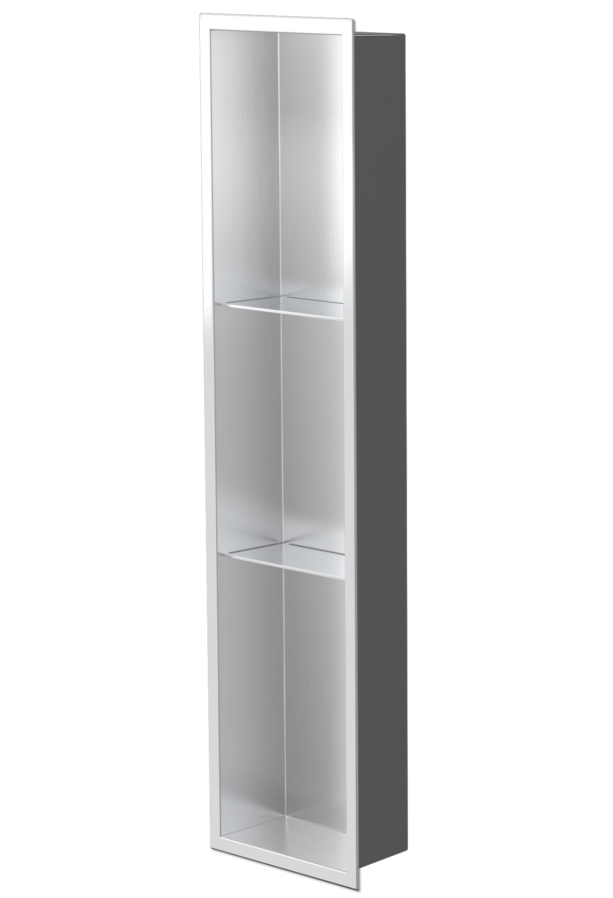 Ana wall niche, 36 × 8 in, brushed stainless steel, three-quarter view on a transparent background
