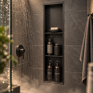 Ana wall niche, 36 × 8 in, matte black, recessed in a shower wall, bottles and soap stored inside