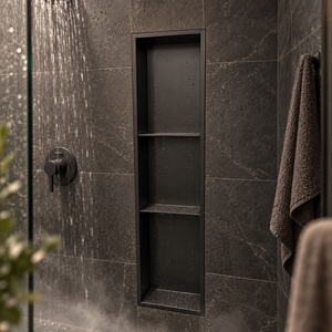 Ana wall niche, 36 × 8 in, matte black, recessed in a shower wall, empty