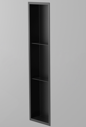 Ana wall niche, 36 × 8 in, matte black, recessed in a plain gray wall, three-quarter view