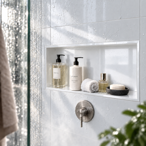 Andy wall niche, 12 × 24 in, glossy white, recessed in a shower wall, bottles and soap stored inside