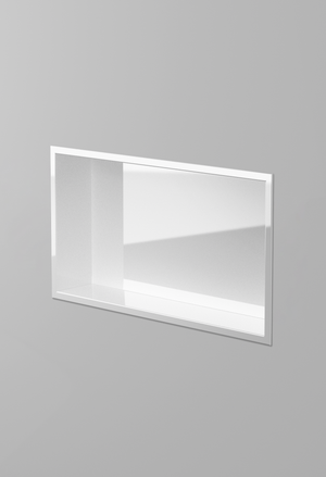 Andy wall niche, 12 × 24 in, glossy white, recessed in a plain gray wall, three-quarter view