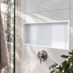 Andy wall niche, 12 × 24 in, matte white, recessed in a shower wall, empty