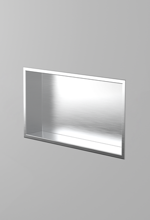 Andy wall niche, 12 × 24 in, brushed stainless steel, recessed in a plain gray wall, three-quarter view