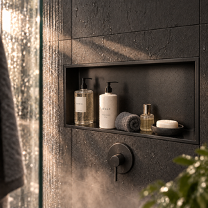 Andy wall niche, 12 × 24 in, matte black, recessed in a shower wall, bottles and soap stored inside