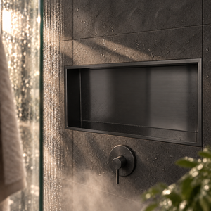 Andy wall niche, 12 × 24 in, matte black, recessed in a shower wall, empty