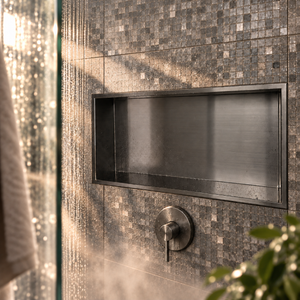 Andy wall niche, 12 × 24 in, black PVD, recessed in a shower wall, empty