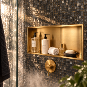 Andy wall niche, 12 × 24 in, gold PVD, recessed in a shower wall, bottles and soap stored inside
