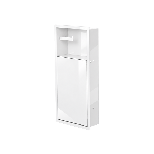 Niche WC 24 × 10,5 po blanc lustré de trois quarts sur fond transparent, porte fermée, compartiment du haut vide