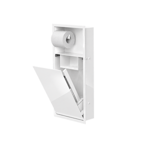 Niche WC 24 × 10,5 po blanc lustré de trois quarts, porte ouverte : rouleau en place, tablette et accessoires rangés