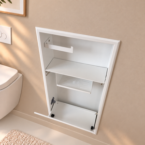 Intérieur de la niche WC blanc mat 24 × 10,5 po vu de face, porte basculée : support à papier, tablette et compartiment du bas