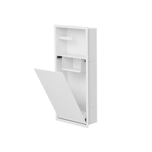 Niche WC 24 × 10,5 po blanc mat de trois quarts, porte basculante ouverte sur la tablette et le compartiment du bas