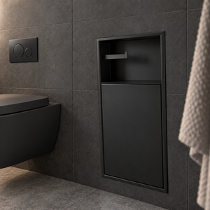 Niche WC 24 × 10,5 po noir mat encastrée dans un mur sombre, à côté d'une toilette suspendue, porte fermée, compartiment du haut vide