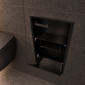 Intérieur de la niche WC noir mat 24 × 10,5 po vu de face, porte basculée : support à papier, tablette et compartiment du bas