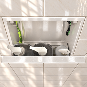 Inside view of the door niche, 12 × 12 in, glossy white, door open: bottles stored in the compartment