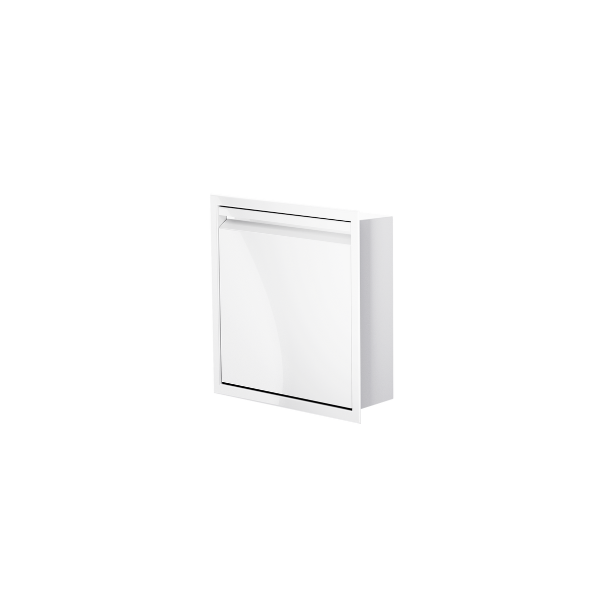 Door niche, 12 × 12 in, glossy white, door closed, three-quarter view on a transparent background