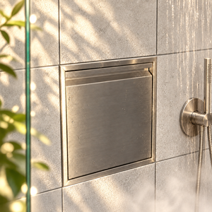 Door niche, 12 × 12 in, brushed stainless steel, door closed, recessed in a bathroom wall