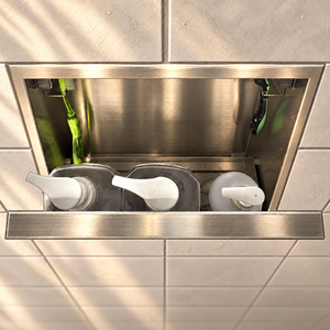 Inside view of the door niche, 12 × 12 in, brushed stainless steel, door open: bottles stored in the compartment