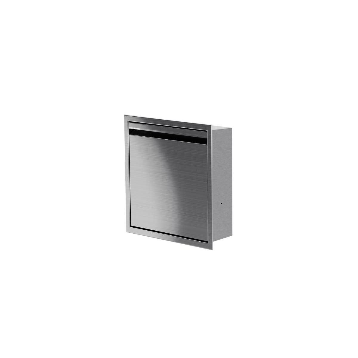 Door niche, 12 × 12 in, brushed stainless steel, door closed, three-quarter view on a transparent background