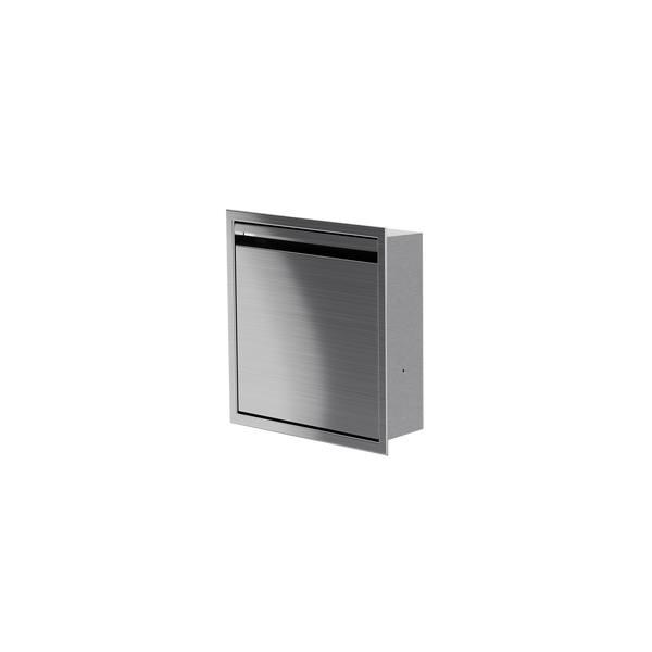 Niche avec porte 12 × 12 po acier inoxydable brossé, porte fermée, de trois quarts sur fond transparent